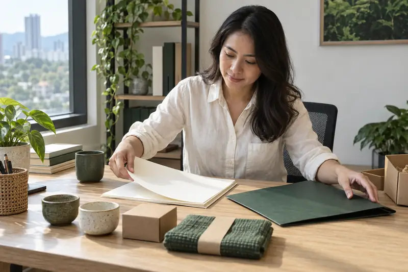 Coordinator arranging papers and samples at a desk